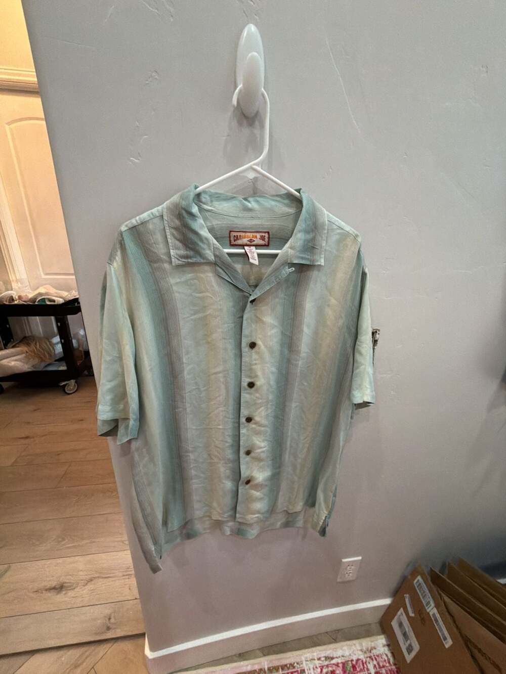 Caribbean Joe Men's Striped Silk‎ Blend Short Sleeve Camp Shirt